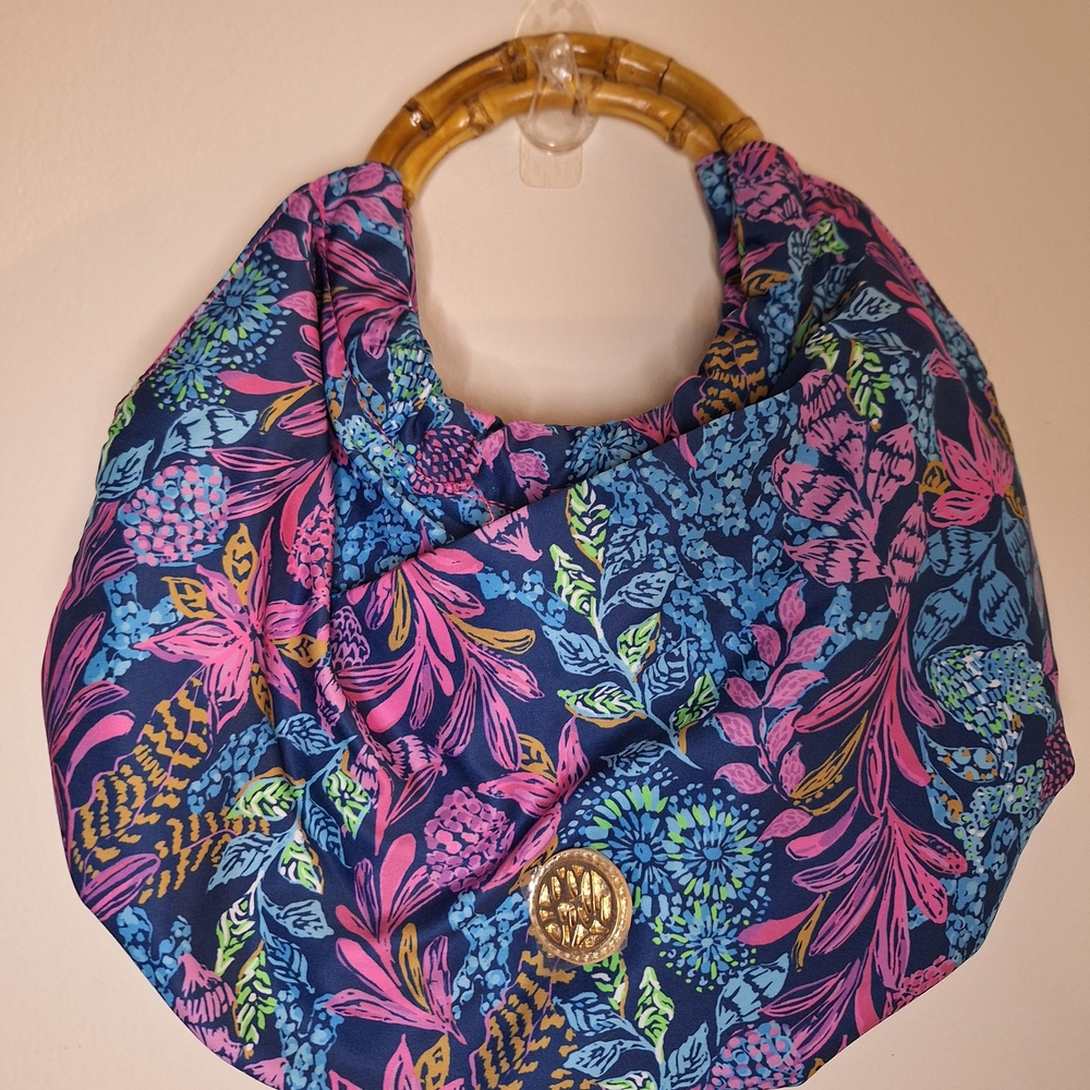 Lilly Pulitzer Floral Bamboo Handle Hobo Bag Navy Pink Blue Tropical Print Gold